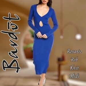 BARDOT Rosario Fitted Ribbed Long Sleeve Plunge Neck-Keyhole Midi Dress NWT/MD